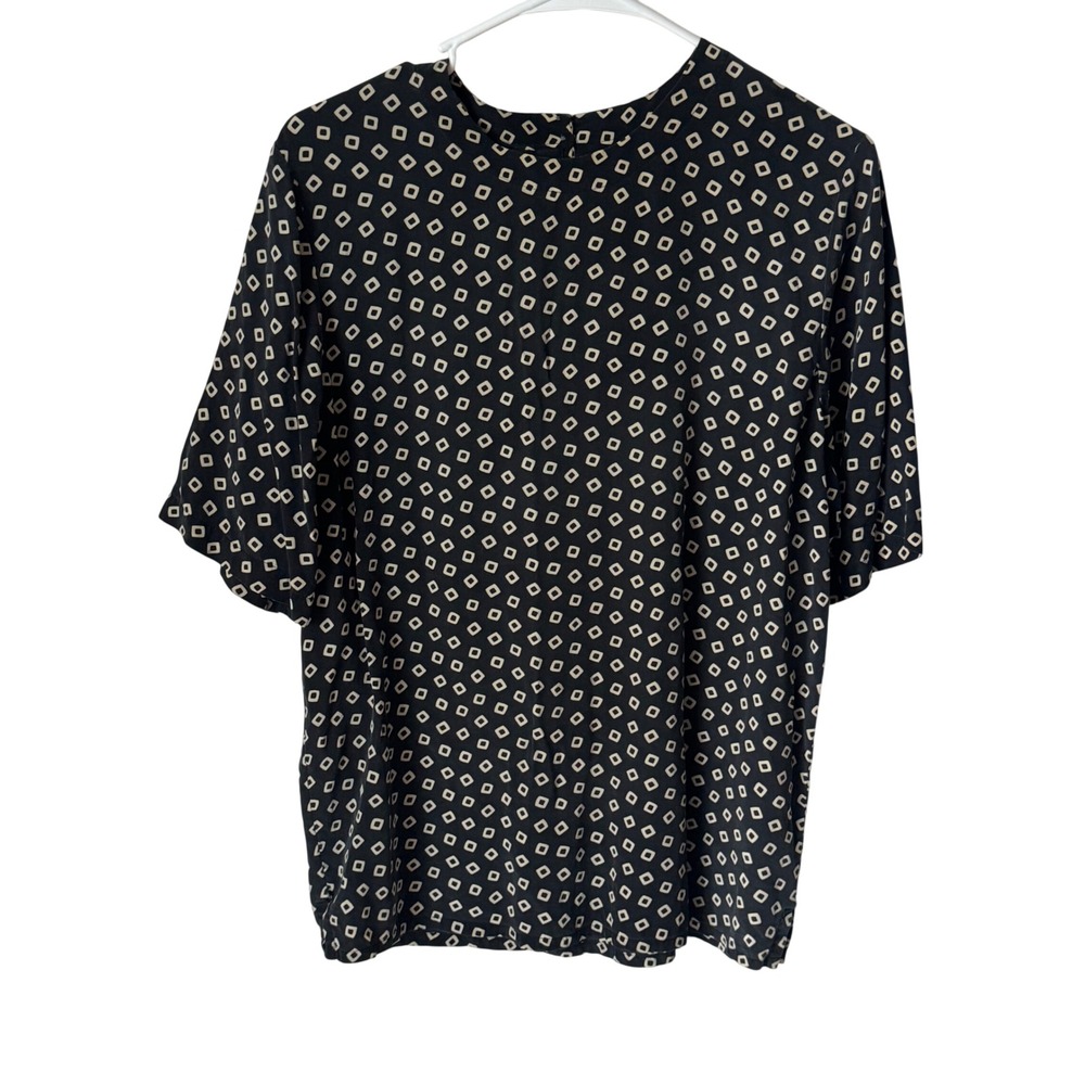 Patrick Collection 100% Silk Black Geometric Diamond Print Short Sleeve Blouse S